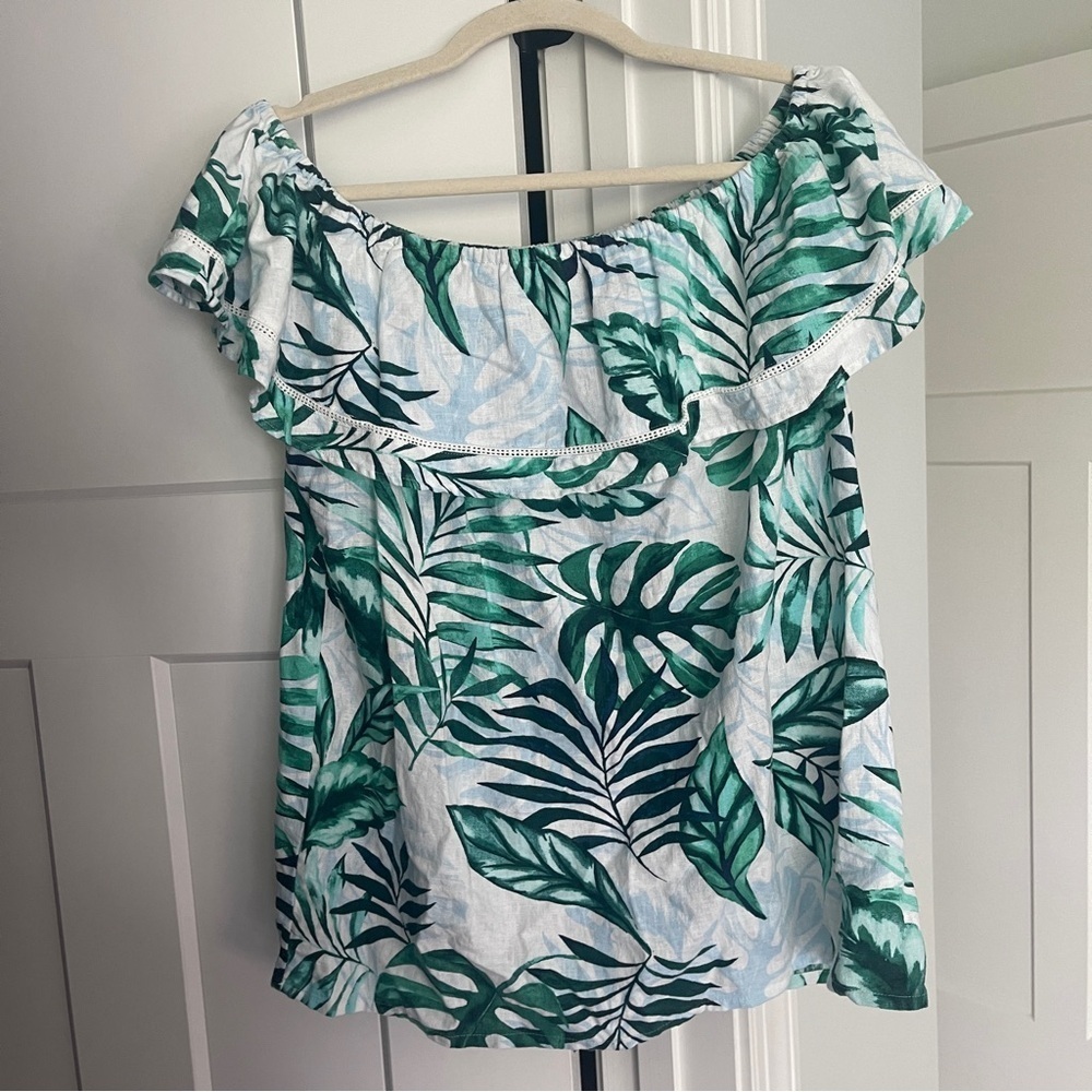 Tommy Bahama On Off the Shoulder Green Leaf Ruffle Top linen white
